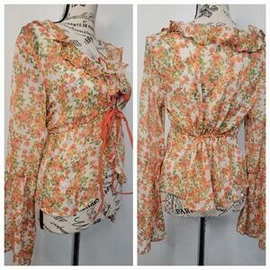 Dizzy Lizzy Bohemian Blouse SZ XS Tie Front Flowy Floral Blouse Sheer Coquette